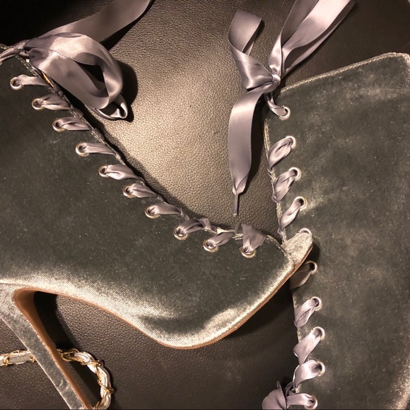 Platinum Gray Velvet Stiletto Satin laceup Booties - Picture 3 of 8